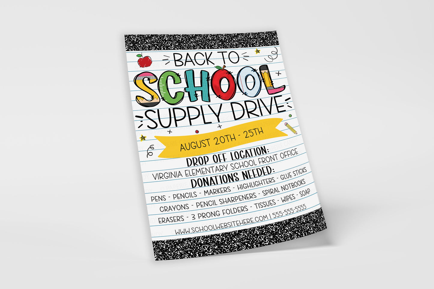 School Supply Drive Flyer, Printable Editable PTO PTA Flyer, Supplies Donations Fundraiser Poster, Back To School Invite, Supply Donation
