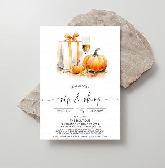 Fall Sip And Shop Invitation, Autumn Sip and See Invite, Thanksgiving Boutique Store Holiday Sale Event, Champagne Wine Shopping, Editable