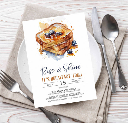 French Toast Invitation, Rise & Shine It's Breakfast Time, Birthday Breakfast Party Invite, Employee Staff Appreciation, Editable Printable