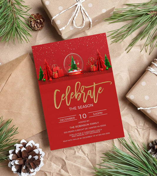 Celebrate The Season Party Invitation, Christmas Celebration Invite, Company Party, Lunch Luncheon Dinner Brunch, DIY Editable Printable