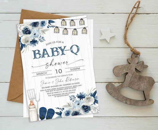 Baby Boy Blue Baby-Q Baby Shower Invitation, Coed Couples Baby Shower BBQ Burgers Beer Invite, Backyard Barbecue, Rustic, Editable Printable