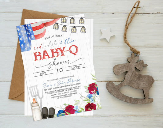 Baby-Q Baby Shower Invitation, Red White Blue Patriotic Babyq Invite American Flag Coed Couples BBQ Burgers Beer Barbecue Editable Printable