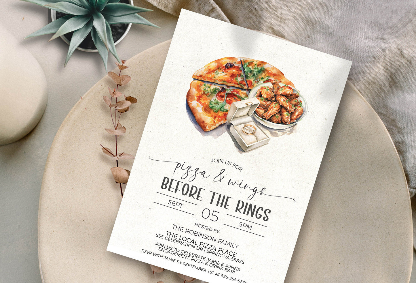 Pizza & Wings Before The Rings Invitation, Pizza Wings Wedding Rehearsal Invite, Couples Shower, Engagement Dinner Party, Editable Printable
