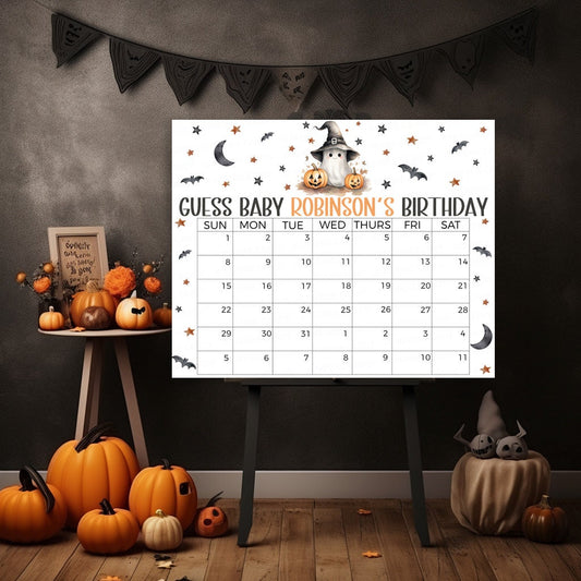 Halloween Baby Shower Due Date Calendar, Little Boo Is Due Guess The Birthday Calendar, Editable Halloween Baby Shower Prediction Game Sign