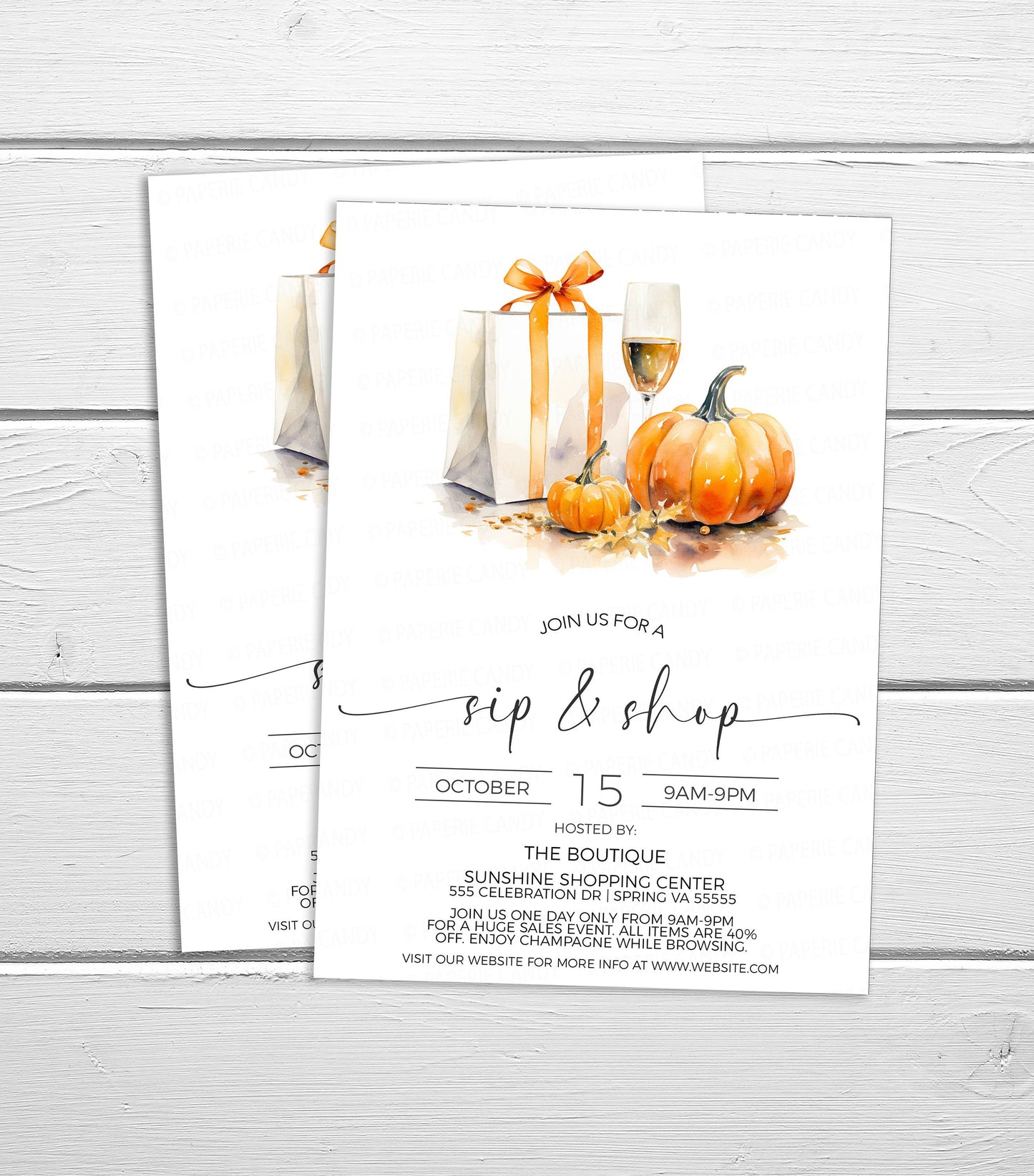 Fall Sip And Shop Invitation, Autumn Sip and See Invite, Thanksgiving Boutique Store Holiday Sale Event, Champagne Wine Shopping, Editable