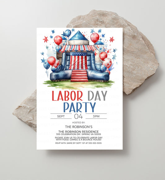 Labor Day Invitation, Labor Day Invite, Kids Bounce House, BBQ Cookout, Memorial Day 4th of July, Patriotic Kids Party, Editable Printable