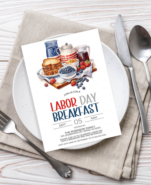 Labor Day Breakfast Invitation, Labor Day Pancake Invite, Labor Day Pancakes Brunch, Patriotic Breakfast, Editable Printable Template