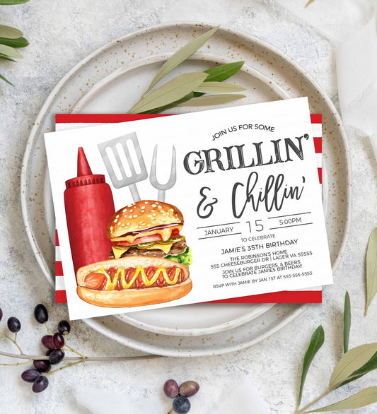 Grillin' And Chillin' Invitation, BBQ Barbeque Invite, Burgers Beer Grilling Cookout Barbecue, Memorial Day, Labor Day, 4th Of July Template