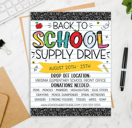School Supply Drive Flyer, Printable Editable PTO PTA Flyer, Supplies Donations Fundraiser Poster, Back To School Invite, Supply Donation