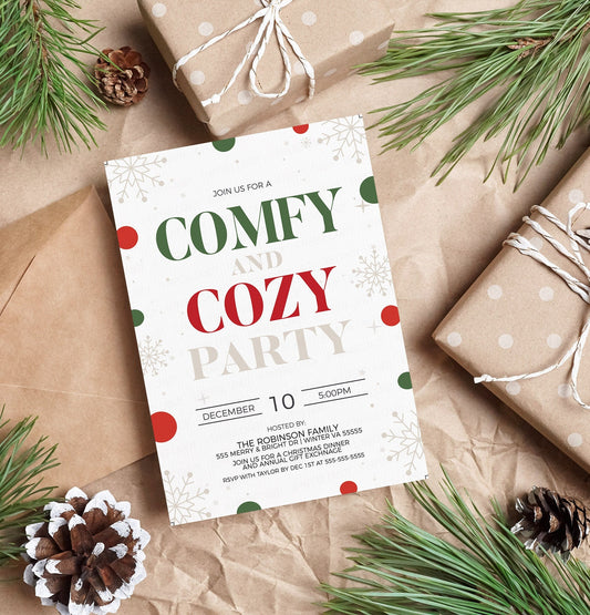 Comfy and Cozy Christmas Party Invitation, Holiday Pajama Invite, Pj Party, Friendmas Holiday Party, Kids Pajama Party, Editable Printable