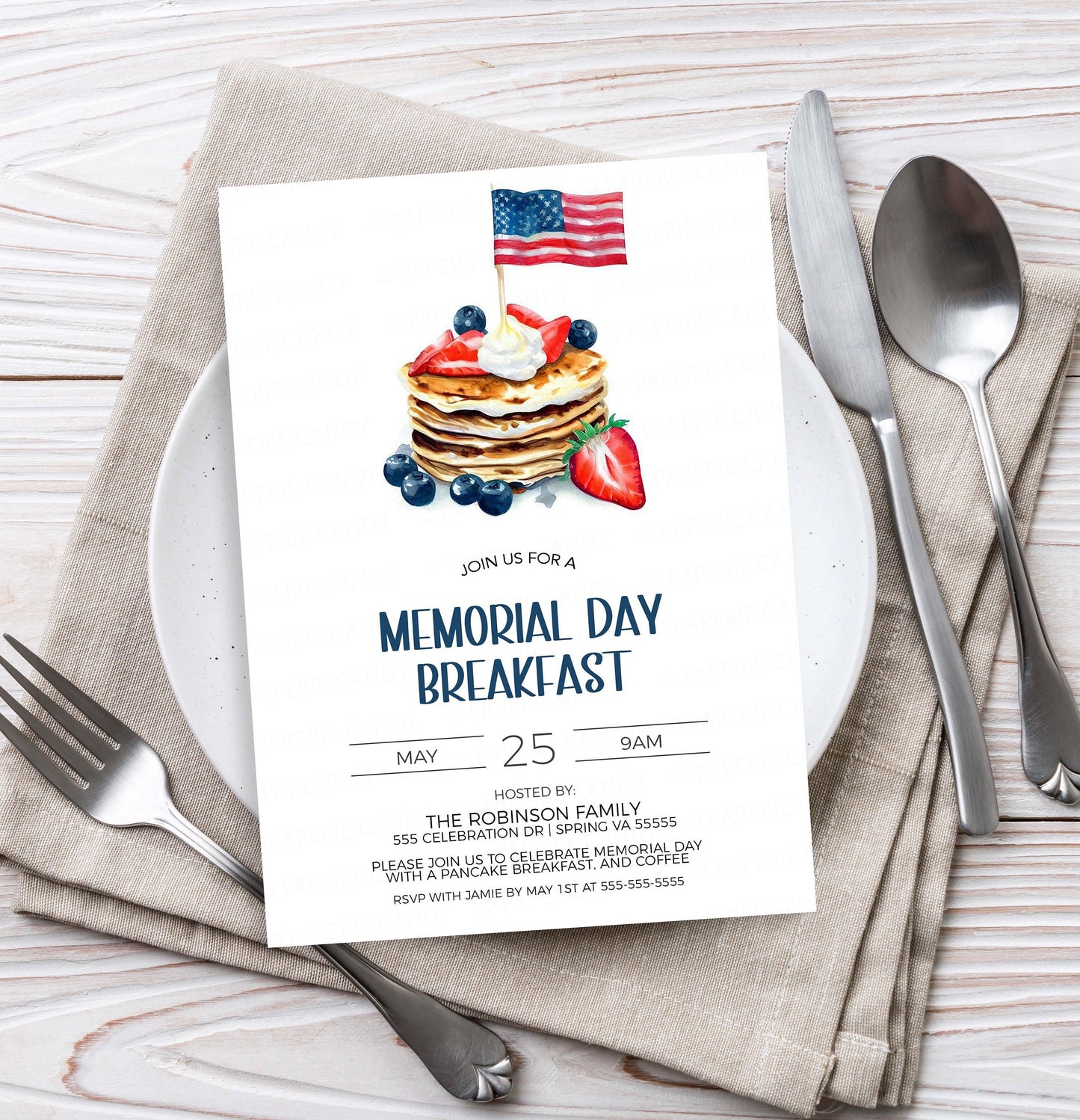 Memorial Day Breakfast Invitation, Memorial Day Pancake Breakfast Invite, Memorial Day Pancakes Brunch, Editable Printable Template
