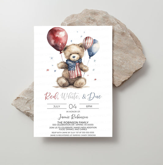 Red White & Due Baby Shower Invitation, 4th Of July, Red White Blue Patriotic Baby Shower Invite, American Flag Teddy Bear Baby Shower