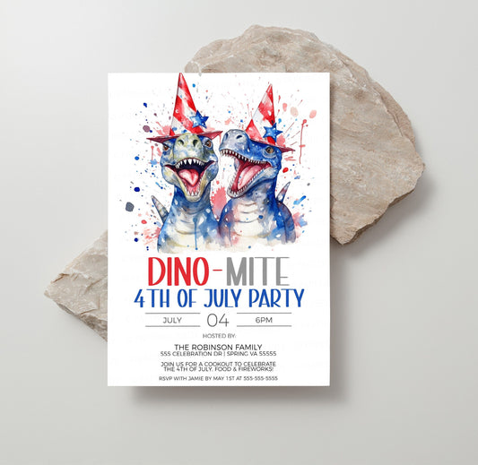 Dinosaur 4th Of July Invitation, Dino Independence Day Invite, Dino-Mite, Patriotic Dinosaur Birthday, Labor Memorial Day Editable Printable