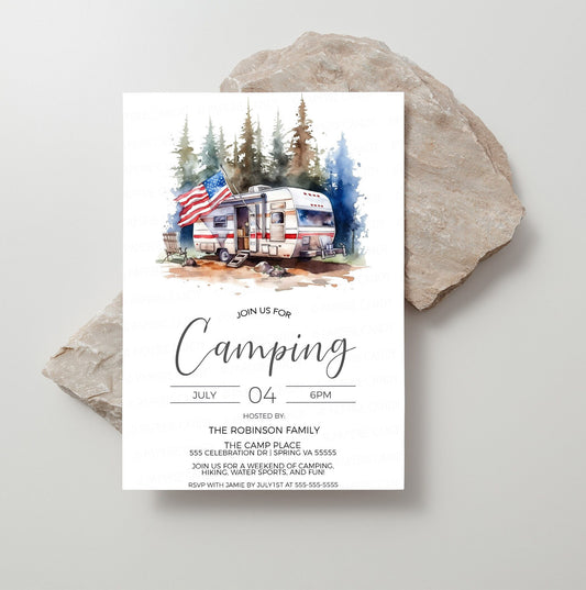 Patriotic Camping Invitation, RV Camping Party Invite, Independence Day, 4th of July, Labor Day, Memorial Day, Editable Printable Template