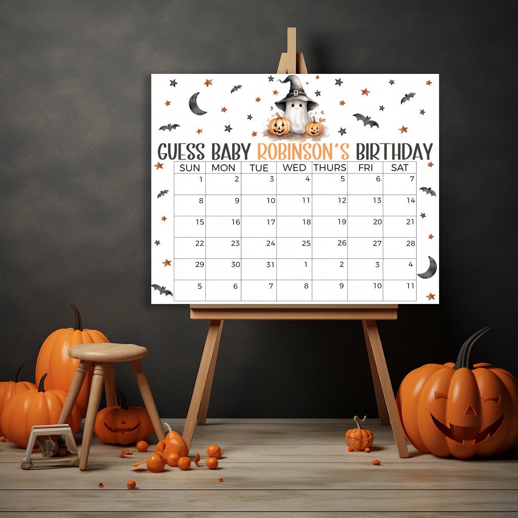 Halloween Baby Shower Due Date Calendar, Little Boo Is Due Guess The Birthday Calendar, Editable Halloween Baby Shower Prediction Game Sign