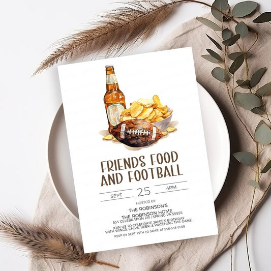 Football Party Invitation, Friends Food & Football Invite, BBQ Burger Beer Football Big Game, 20th 25th 30th 35th 40th 45th 50th Party