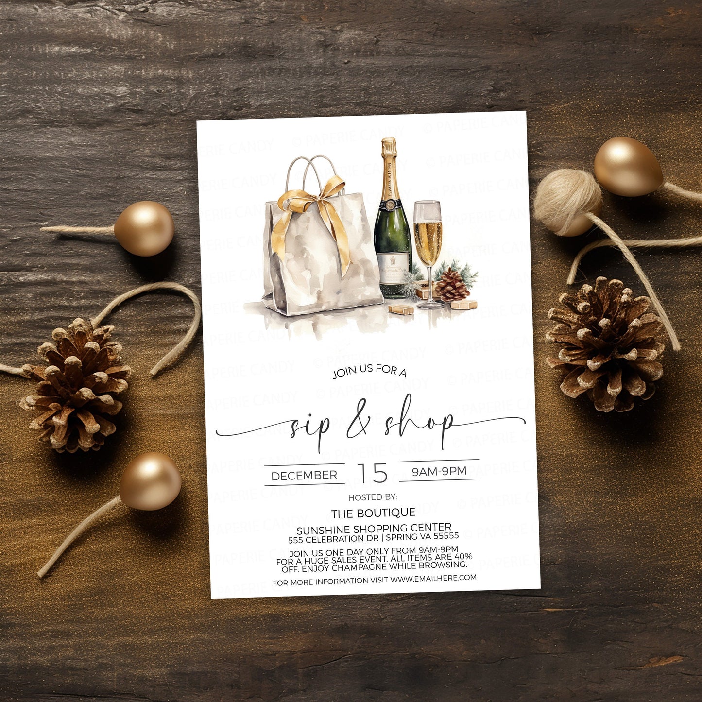 Holiday Sip And Shop Invitation, Winter Sip and Shop Invite, Christmas Boutique Store Sale, Champagne Wine Shopping, Open House, Company