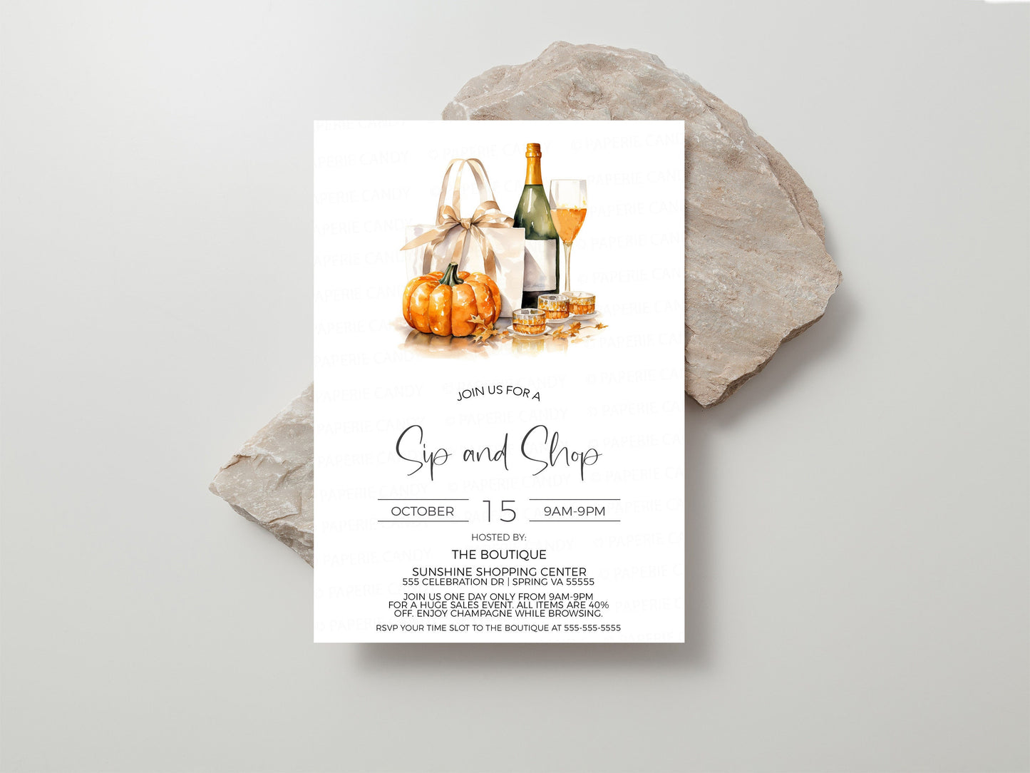 Fall Sip And Shop Invitation, Autumn Sip and Shop Invite, Thanksgiving Boutique Store Holiday Sale Event, Champagne Wine Shopping, Editable