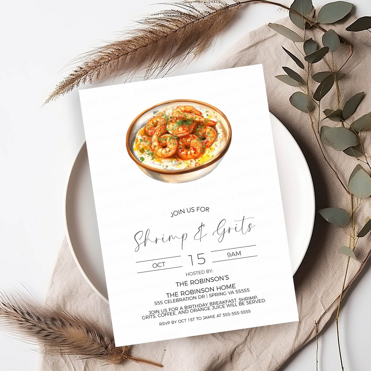 Shrimp And Grits Invitation, Rise & Shine It's Breakfast Time, Birthday Breakfast Party Invite, Southern Breakfast, Editable Printable