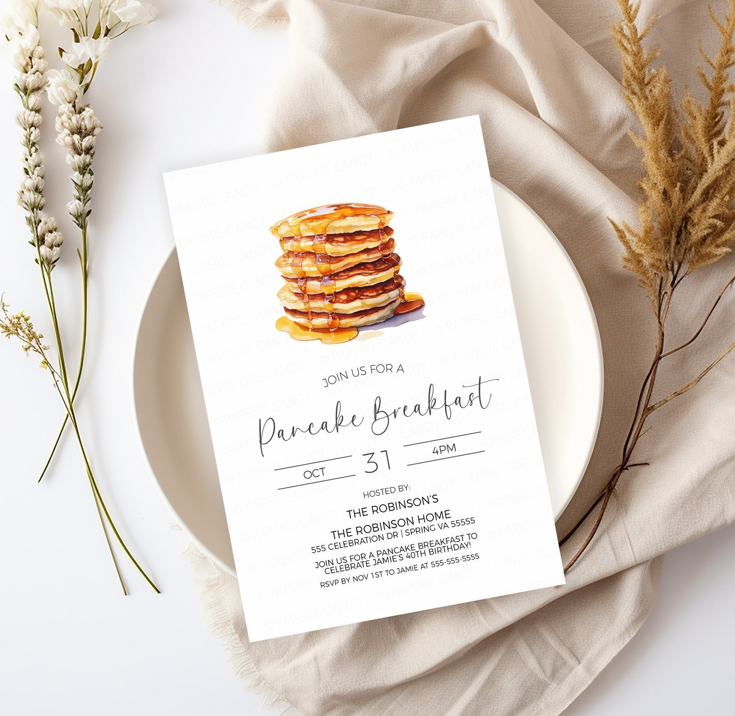 Pancake Invitation, Breakfast Invite, Rise & Shine It's Breakfast Time, Birthday Party Invite, Appreciation Breakfast, Editable Printable