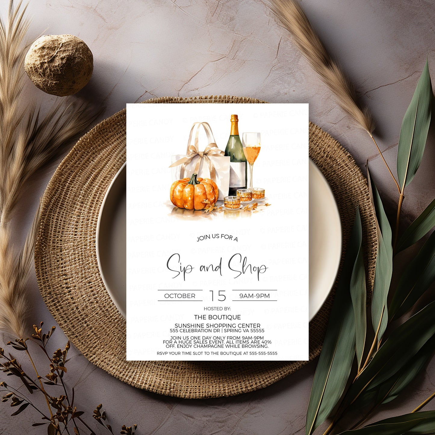 Fall Sip And Shop Invitation, Autumn Sip and Shop Invite, Thanksgiving Boutique Store Holiday Sale Event, Champagne Wine Shopping, Editable